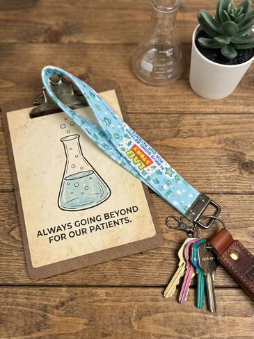 2026 Lab Week Official Theme Handmade Cloth Keychain with Metal Clasp, Light Blue Background with Lab Themed Icon Pattern, Lab Week Gift in Saudi Arabia