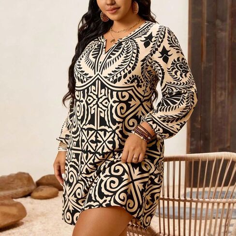 Women's Plus Size Dress Long Sleeve V Neck Mini A Line Swing Casual Dress Lantern Sleeve Geometric Boho Clothes in Saudi Arabia