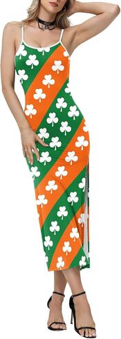 Women St Patrick's Day Shamrock Clover Printed Spaghetti Strap Bodycon Maxi Dresses in Saudi Arabia
