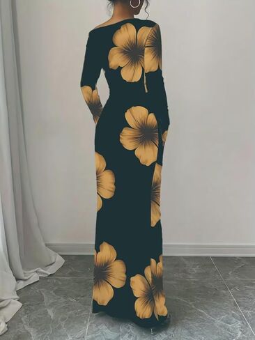 Women's Elegant Yellow Floral Print One-Shoulder Long-Sleeve Slim-Fit Dress Bodycon Dresses in Saudi Arabia