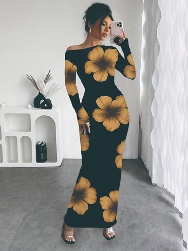 Women's Elegant Yellow Floral Print One-Shoulder Long-Sleeve Slim-Fit Dress Bodycon Dresses in Saudi Arabia
