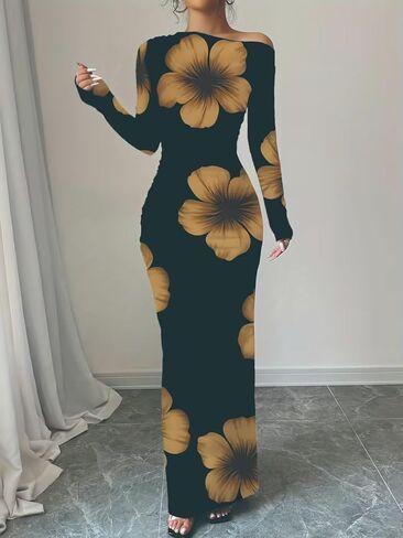Women's Elegant Yellow Floral Print One-Shoulder Long-Sleeve Slim-Fit Dress Bodycon Dresses in Saudi Arabia
