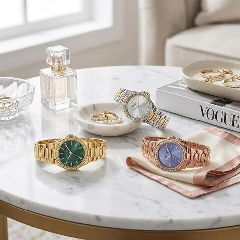 ساعات جيسيكا سيمبسون النسائية المرصعة بالألماس الكريستالي، ساعة يد كوارتز تناظرية للنساء - هدايا فريدة لها (ذهبي) in Kuwait