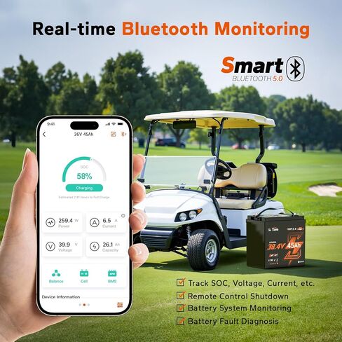 بطارية Litime 36V 45Ah GC2 Bluetooth LiFePO4، مدمجة 90A BMS، حماية من درجة الحرارة المنخفضة، 4000+ دورة، خرج طاقة مستمر بحد أقصى 3.456 كيلو وات، تيار الذروة 225 أمبير، مثالي لعربات الجولف، ومحركات التصيد in Saudi Arabia