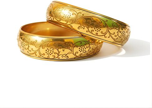Brass Bangle Set of 2 for Women, Gold Tone Metal Bracelet with Engraved Floral Design in Saudi Arabia