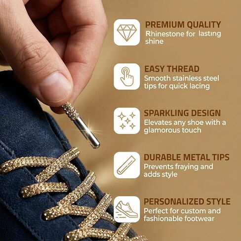 NIIIYTYB 1Pair Rhinestone Shoe Laces Glitter Sparkle Shoelaces for Sneakers Gold Round Sparkly Boot Strings Bling Rope Laces for Tall Boots and Fashion Shoes in Saudi Arabia