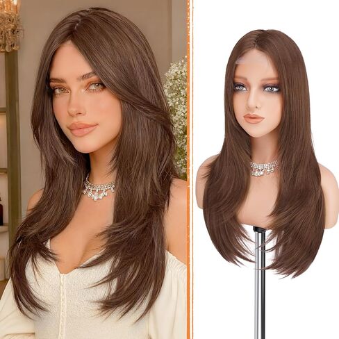 Haloo Brown Wig with Curtain Bangs - Lace Front Hairline Middle Part Long Layered Natural Looking Straight Synthetic Hair Wigs for Women Daily Party, 24 Inch Dark Brown in Kuwait