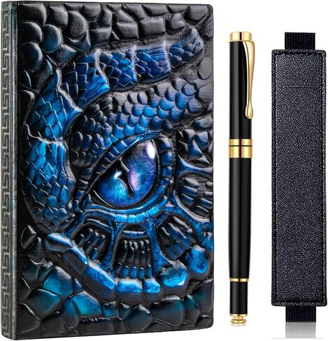 دفتر ملاحظات FEIDIAO Vintage Dragon Eye Notebook DND منقوش، مجلة سفر ثلاثية الأبعاد من جلد البولي يوريثان مع قلم حبر جاف وغطاء قلم، غلاف فني A5، مذكرات بطانة غلاف فني، هدية كتابة للرجال والنساء (أزرق) in Saudi Arabia