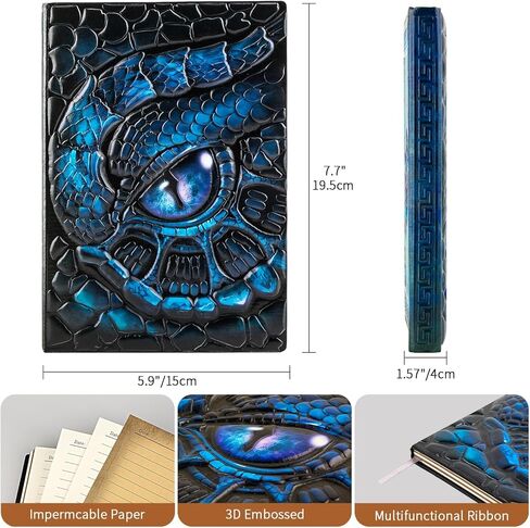 دفتر ملاحظات FEIDIAO Vintage Dragon Eye Notebook DND منقوش، مجلة سفر ثلاثية الأبعاد من جلد البولي يوريثان مع قلم حبر جاف وغطاء قلم، غلاف فني A5، مذكرات بطانة غلاف فني، هدية كتابة للرجال والنساء (أزرق) in Saudi Arabia