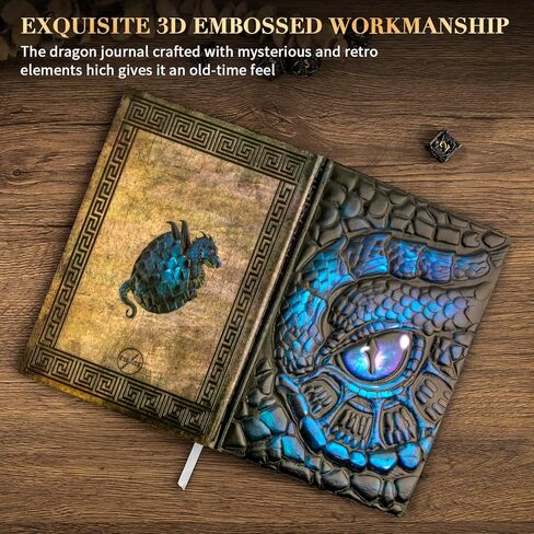 دفتر ملاحظات FEIDIAO Vintage Dragon Eye Notebook DND منقوش، مجلة سفر ثلاثية الأبعاد من جلد البولي يوريثان مع قلم حبر جاف وغطاء قلم، غلاف فني A5، مذكرات بطانة غلاف فني، هدية كتابة للرجال والنساء (أزرق) in Saudi Arabia