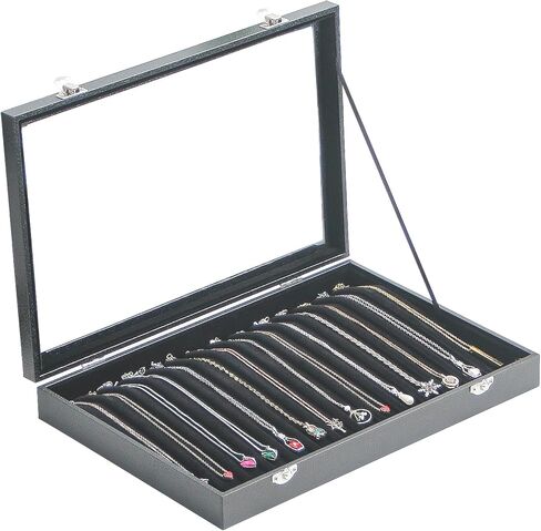 صندوق تنظيم القلادة، منظم حامل القلادة، علبة عرض القلادة ذات 14 خطافًا، صينية مجوهرات قلادة مع غطاء زجاجي للنساء (أسود) in Kuwait