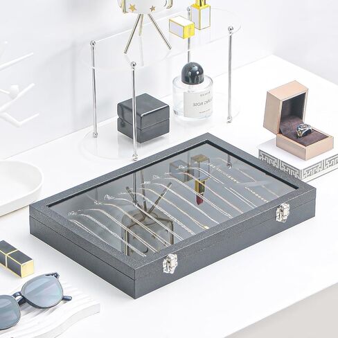صندوق تنظيم القلادة، منظم حامل القلادة، علبة عرض القلادة ذات 14 خطافًا، صينية مجوهرات قلادة مع غطاء زجاجي للنساء (أسود) in Kuwait