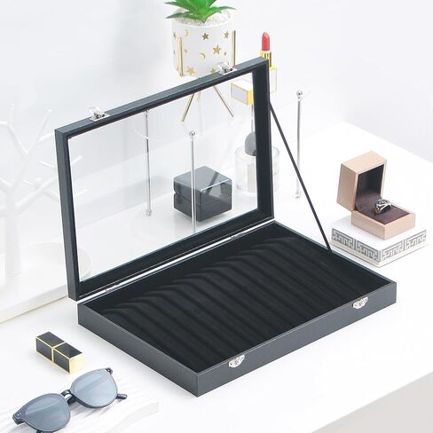 صندوق تنظيم القلادة، منظم حامل القلادة، علبة عرض القلادة ذات 14 خطافًا، صينية مجوهرات قلادة مع غطاء زجاجي للنساء (أسود) in Kuwait