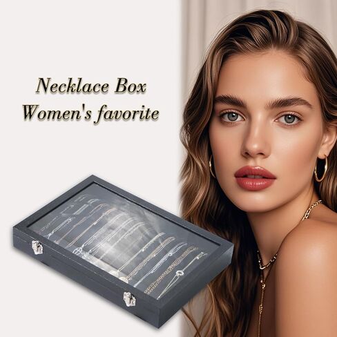 صندوق تنظيم القلادة، منظم حامل القلادة، علبة عرض القلادة ذات 14 خطافًا، صينية مجوهرات قلادة مع غطاء زجاجي للنساء (أسود) in Kuwait