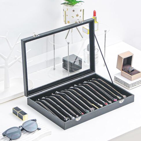 صندوق تنظيم القلادة، منظم حامل القلادة، علبة عرض القلادة ذات 14 خطافًا، صينية مجوهرات قلادة مع غطاء زجاجي للنساء (أسود) in Kuwait