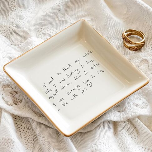Chillever Personalized Ring Dish Ceramic with Gold Rim, Custom Name Floral Jewelry Dish, Elegant Trinket Holder for Rings Earrings, Thoughtful Gift for Couple, Bestie, Wedding DS5 in Saudi Arabia