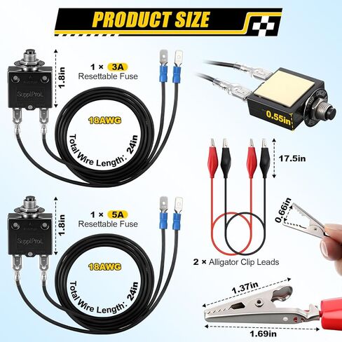 مجموعة الصمامات القابلة لإعادة الضبط 3AMP و5AMP، جهاز اختبار الصمامات لقاطع الدائرة الكهربائية، 24 فولت تيار متردد/تيار مستمر و125/250 فولت تيار متردد، أدوات HVAC، مع قطعتين من مشابك التمساح 17.5 بوصة / سلك نحاسي 14 AWG للاختبار الكهربائي in Kuwait