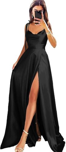 MisShow فساتين لحضور الحفلات الموسيقية للسيدات من الساتان على شكل حرف a 2026 بأشرطة سباغيتي طويلة لوصيفة العروس فستان سهرة رسمي مع فتحة in Kuwait