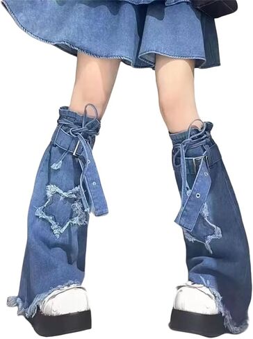 Y2k Goth Hippie Leg Warmers Women Cyber Punk Denim Star Flared Harajuku Fashion Cute Grunge Rave in Kuwait