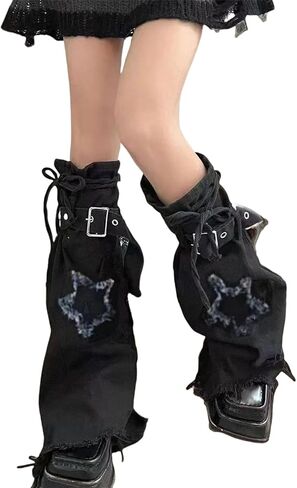 Y2k Goth Hippie Leg Warmers Women Cyber Punk Denim Star Flared Harajuku Fashion Cute Grunge Rave in Kuwait