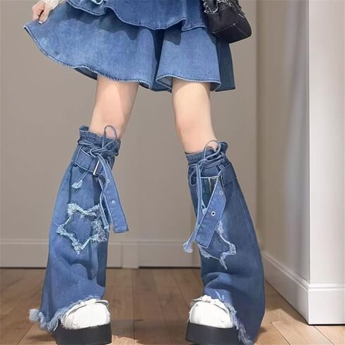 Y2k Goth Hippie Leg Warmers Women Cyber Punk Denim Star Flared Harajuku Fashion Cute Grunge Rave in Kuwait