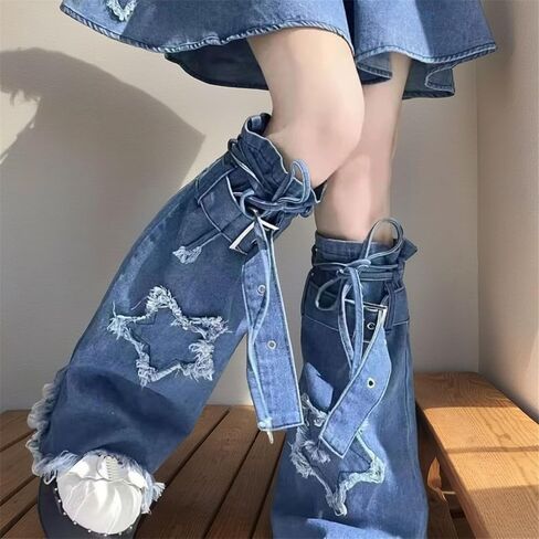 Y2k Goth Hippie Leg Warmers Women Cyber Punk Denim Star Flared Harajuku Fashion Cute Grunge Rave in Kuwait