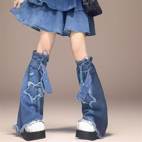 Y2k Goth Hippie Leg Warmers Women Cyber Punk Denim Star Flared Harajuku Fashion Cute Grunge Rave in Kuwait