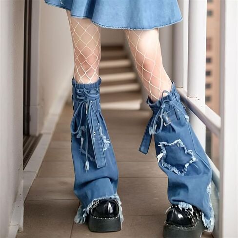 Y2k Goth Hippie Leg Warmers Women Cyber Punk Denim Star Flared Harajuku Fashion Cute Grunge Rave in Kuwait