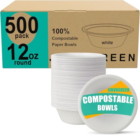 عدد 1000 وعاء ورقي بوزن 12 أونصة، أوعية قابلة للتحلل للاستعمال مرة واحدة، وعاء تفل قصب السكر قابل للتحلل البيولوجي للوجبات الخفيفة والحساء والسلطات، أبيض in Kuwait