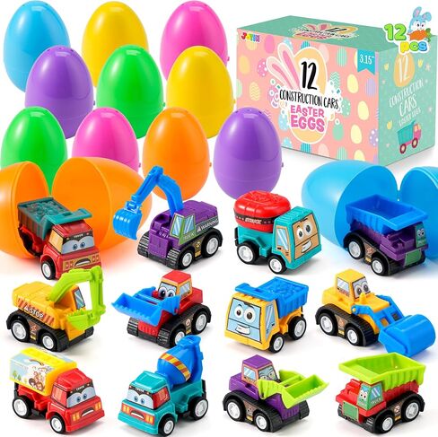 JOYIN 12 Pcs Filled Easter Eggs with Toy Cars, Colorful Prefilled Pull Back Construction Vehicle and Race Car for Kids Boys Hunt, Basket Stuffers, Party Favors in Saudi Arabia