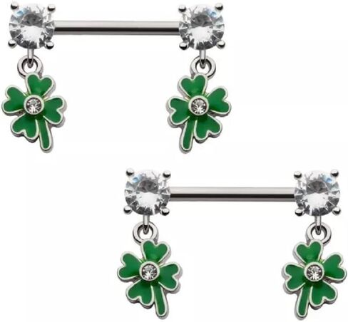 Pierced Owl 14GA 316L Stainless Steel CZ Crystal Dangling Green Shamrock Nipple Barbells, Sold as a Pair in Saudi Arabia