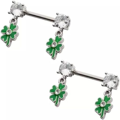 Pierced Owl 14GA 316L Stainless Steel CZ Crystal Dangling Green Shamrock Nipple Barbells, Sold as a Pair in Saudi Arabia