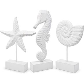 Gift Boutique 3Pcs Beach Nautical Style Figurines Wooden Tabletop Decor - Seahorse, Starfish & Conch Statue on Stands for Home, Beach House, Ocean Coastal Decorations in Saudi Arabia