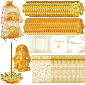 120 عبوة من هدايا ديوالي مع 30 حامل بخور لوتس، و30 قطعة زينة غانيشا ذهبية صغيرة، وحقائب أورجانزا وبطاقات شكر - هدايا الإرجاع الهندية لبوجا والمهرجانات والاحتفالات (المجموعة الذهبية) in Kuwait