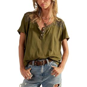 Womens V Neck Button Down Lace Short Sleeve Blouse Casual Daily Date Office Summer Brunch Vacation Weekend Tops in Saudi Arabia