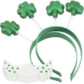 St. Patrick's Day Shamrock Headband & Freckle Sticker Set (2 headbands，6 stickers) — Lucky green shamrock hair accessory paired with removable freckle tattoos, perfect for Irish-themed parties in Saudi Arabia