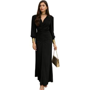 Womens V-Neck Long Sleeve Ruched Bodycon Dress Elegant Formal Cocktail Party Evening Maxi Dresses in Saudi Arabia