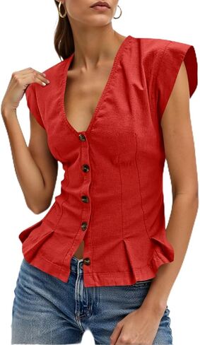 Cicy Bell Womens Deep V Neck Vest Tops Cap Sleeve Cropped Ruffle Shirts Button Up Cotton Fitted Blouse in Saudi Arabia