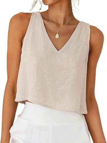 Kinghua Womens Linen Crop Tops Spring Summer Casual Loose V Neck Sleeveless Blouses Tank Top Shirts in Saudi Arabia