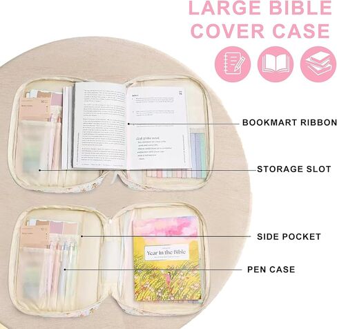 حافظة بغطاء للكتاب المقدس مقاس 11.8 * 9 بوصات للنساء، حقائب للكتاب المقدس عالية الجودة ذات سعة كبيرة، مجموعة مجلة الكتاب المقدس متعددة الجيوب مع الملحقات، حقيبة حمل الكتب من القماش القطني للنساء in Kuwait