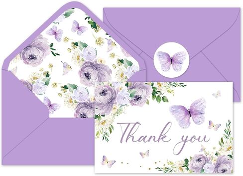 Whaline 24Pcs Floral Butterfly Thank You Cards Purple Flower Greeting Cards with Envelope Stickers Spring Watercolor Blank Note Cards for Birthday Wedding Baby Shower Bridal Shower, 4 x 6 Inch in Kuwait