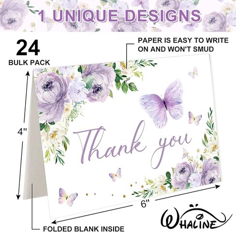 Whaline 24Pcs Floral Butterfly Thank You Cards Purple Flower Greeting Cards with Envelope Stickers Spring Watercolor Blank Note Cards for Birthday Wedding Baby Shower Bridal Shower, 4 x 6 Inch in Kuwait