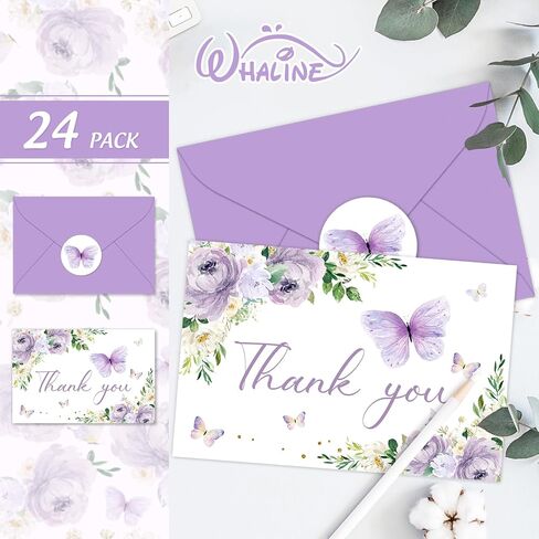 Whaline 24Pcs Floral Butterfly Thank You Cards Purple Flower Greeting Cards with Envelope Stickers Spring Watercolor Blank Note Cards for Birthday Wedding Baby Shower Bridal Shower, 4 x 6 Inch in Kuwait