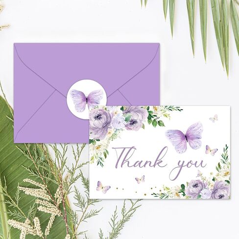 Whaline 24Pcs Floral Butterfly Thank You Cards Purple Flower Greeting Cards with Envelope Stickers Spring Watercolor Blank Note Cards for Birthday Wedding Baby Shower Bridal Shower, 4 x 6 Inch in Kuwait