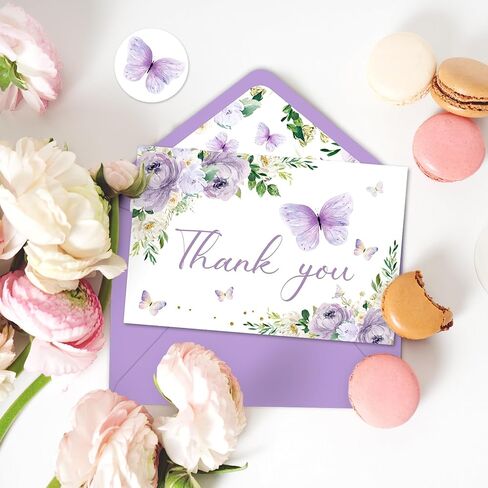 Whaline 24Pcs Floral Butterfly Thank You Cards Purple Flower Greeting Cards with Envelope Stickers Spring Watercolor Blank Note Cards for Birthday Wedding Baby Shower Bridal Shower, 4 x 6 Inch in Kuwait