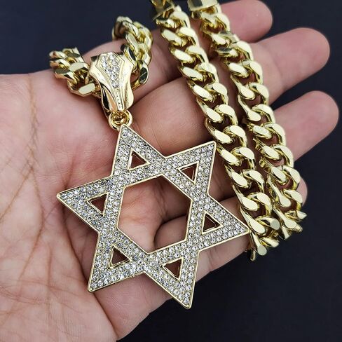 Iced Gold Plated Simulated Diamond Large Star of David Charm Pendant & 10mm 18" 20" 24" 30" Cuban Chain Hip Hop Rapper Style Jewelry Fashion Necklace Gift, halloween in Saudi Arabia