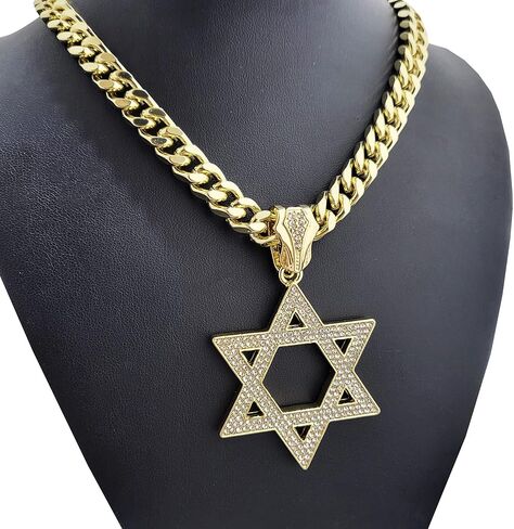 Iced Gold Plated Simulated Diamond Large Star of David Charm Pendant & 10mm 18" 20" 24" 30" Cuban Chain Hip Hop Rapper Style Jewelry Fashion Necklace Gift, halloween in Saudi Arabia