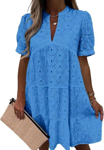 Imily Bela Womens Summer Lace Dresses Eyelet Casual Flowy Babydoll Swing Short Sleeve V Neck Tunic Dress in Kuwait