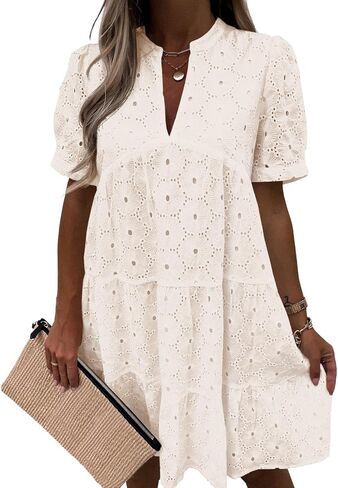 Imily Bela Womens Summer Lace Dresses Eyelet Casual Flowy Babydoll Swing Short Sleeve V Neck Tunic Dress in Kuwait