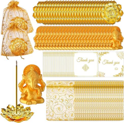 120 عبوة من هدايا ديوالي مع 30 حامل بخور لوتس، و30 قطعة زينة غانيشا ذهبية صغيرة، وحقائب أورجانزا وبطاقات شكر - هدايا الإرجاع الهندية لبوجا والمهرجانات والاحتفالات (المجموعة الذهبية) in Kuwait